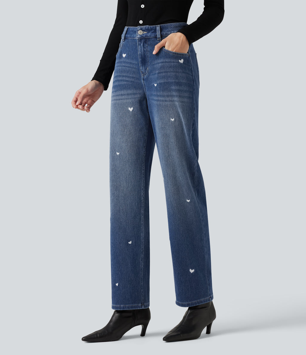 High Waisted Embroidery Straight Leg Casual Jeans with Pockets — Tide Blue Denim — view 3