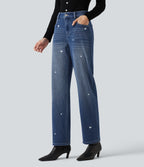 High Waisted Embroidery Straight Leg Casual Jeans with Pockets — Tide Blue Denim — view 3