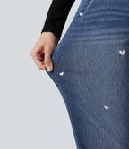 High Waisted Embroidery Straight Leg Casual Jeans with Pockets — Tide Blue Denim — view 6