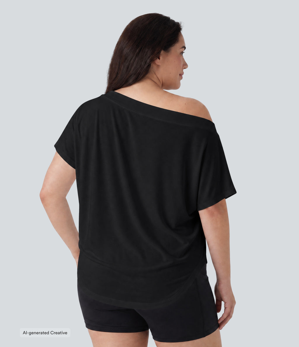 Plus Size One Shoulder Short Sleeve Curved Hem High Low Quick Dry Yoga Sports Top — Black — view 2