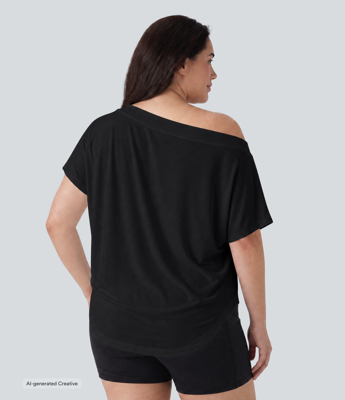 Plus Size One Shoulder Short Sleeve Curved Hem High Low Quick Dry Yoga Sports Top — Black — view 2