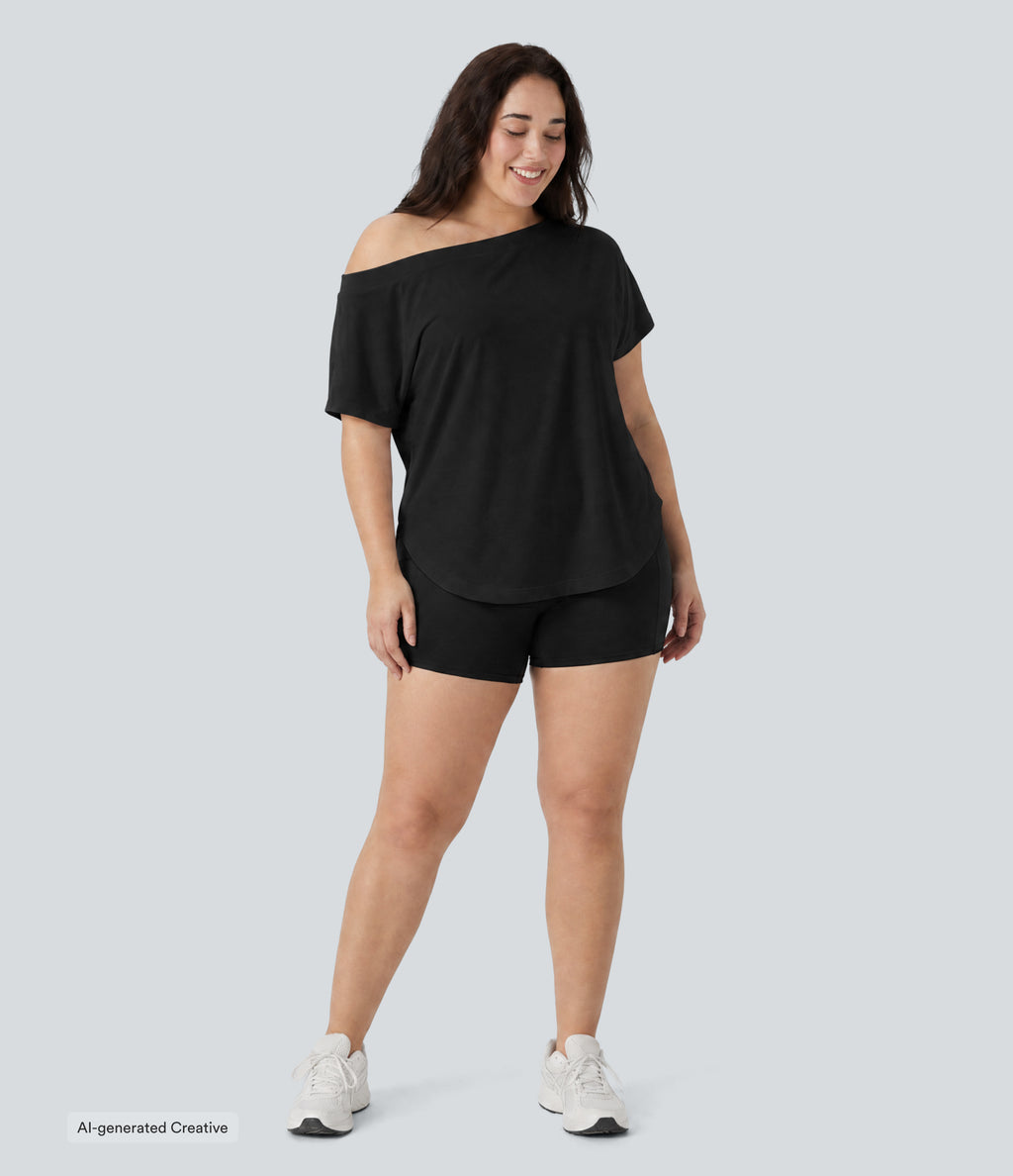 Plus Size One Shoulder Short Sleeve Curved Hem High Low Quick Dry Yoga Sports Top — Black — view 7