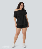 Plus Size One Shoulder Short Sleeve Curved Hem High Low Quick Dry Yoga Sports Top — Black — view 7