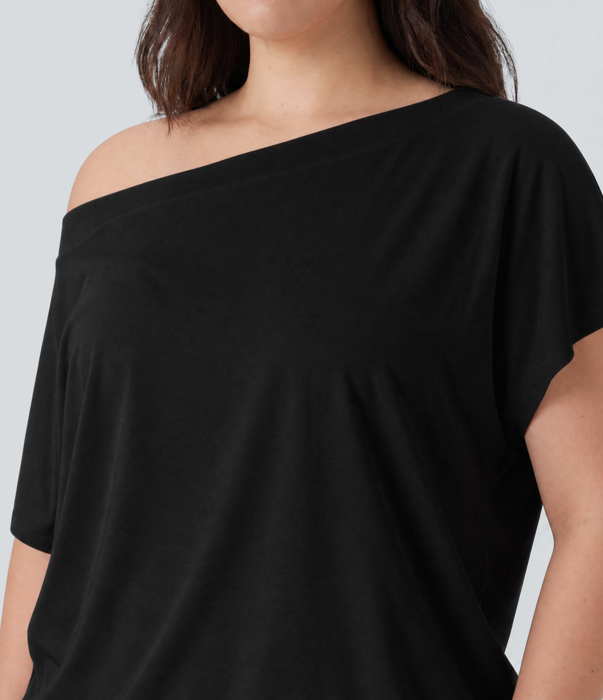 Plus Size One Shoulder Short Sleeve Curved Hem High Low Quick Dry Yoga Sports Top — Black — view 6