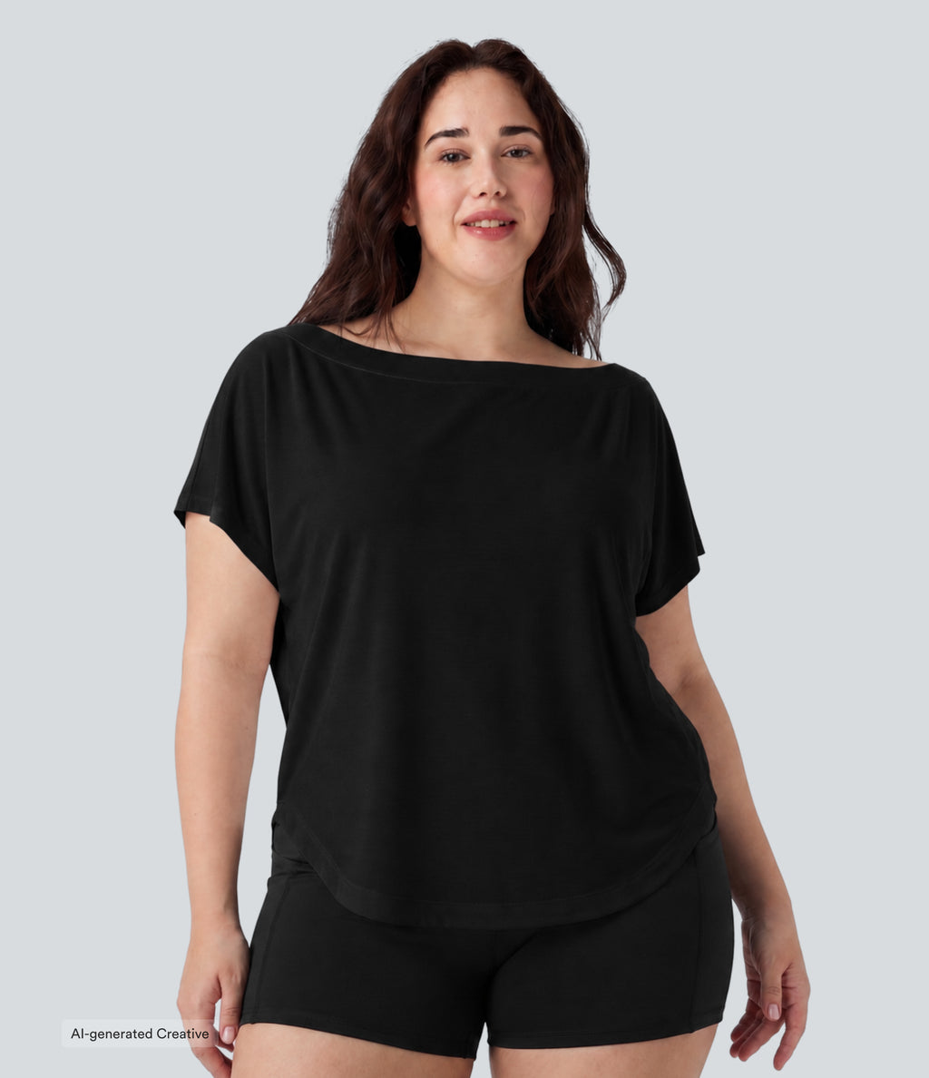 Plus Size One Shoulder Short Sleeve Curved Hem High Low Quick Dry Yoga Sports Top — Black — view 4