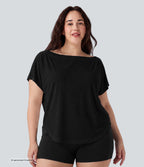Plus Size One Shoulder Short Sleeve Curved Hem High Low Quick Dry Yoga Sports Top — Black — view 4