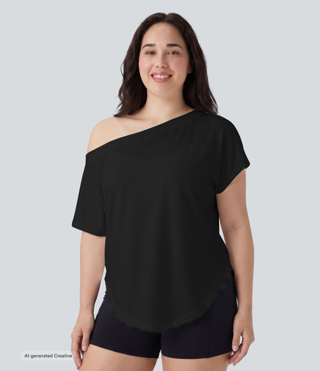 Plus Size One Shoulder Short Sleeve Curved Hem High Low Quick Dry Yoga Sports Top — Black — view 1