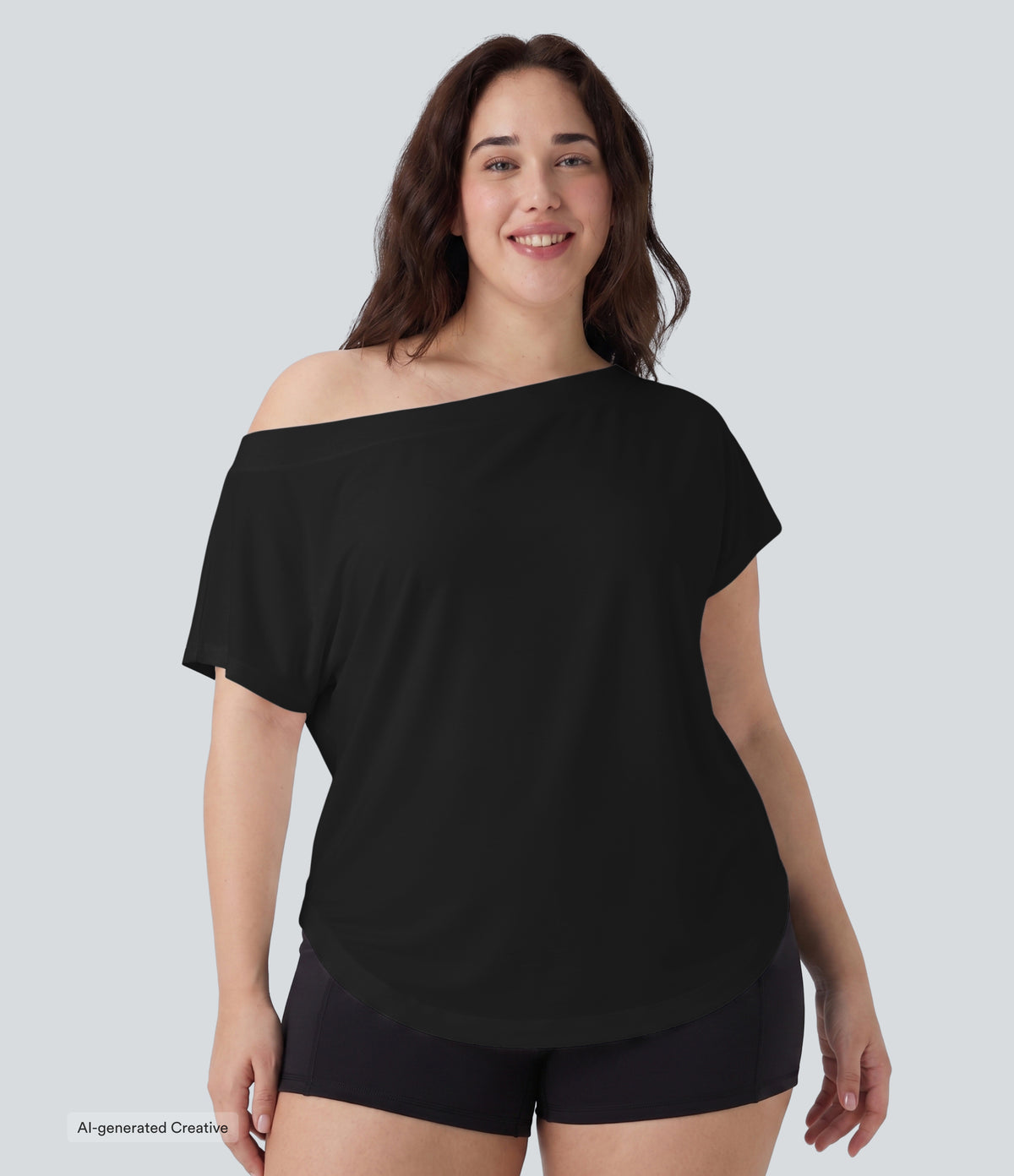 Plus Size One Shoulder Short Sleeve Curved Hem High Low Quick Dry Yoga Sports Top — Black — view 5