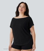 Plus Size One Shoulder Short Sleeve Curved Hem High Low Quick Dry Yoga Sports Top — Black — view 3