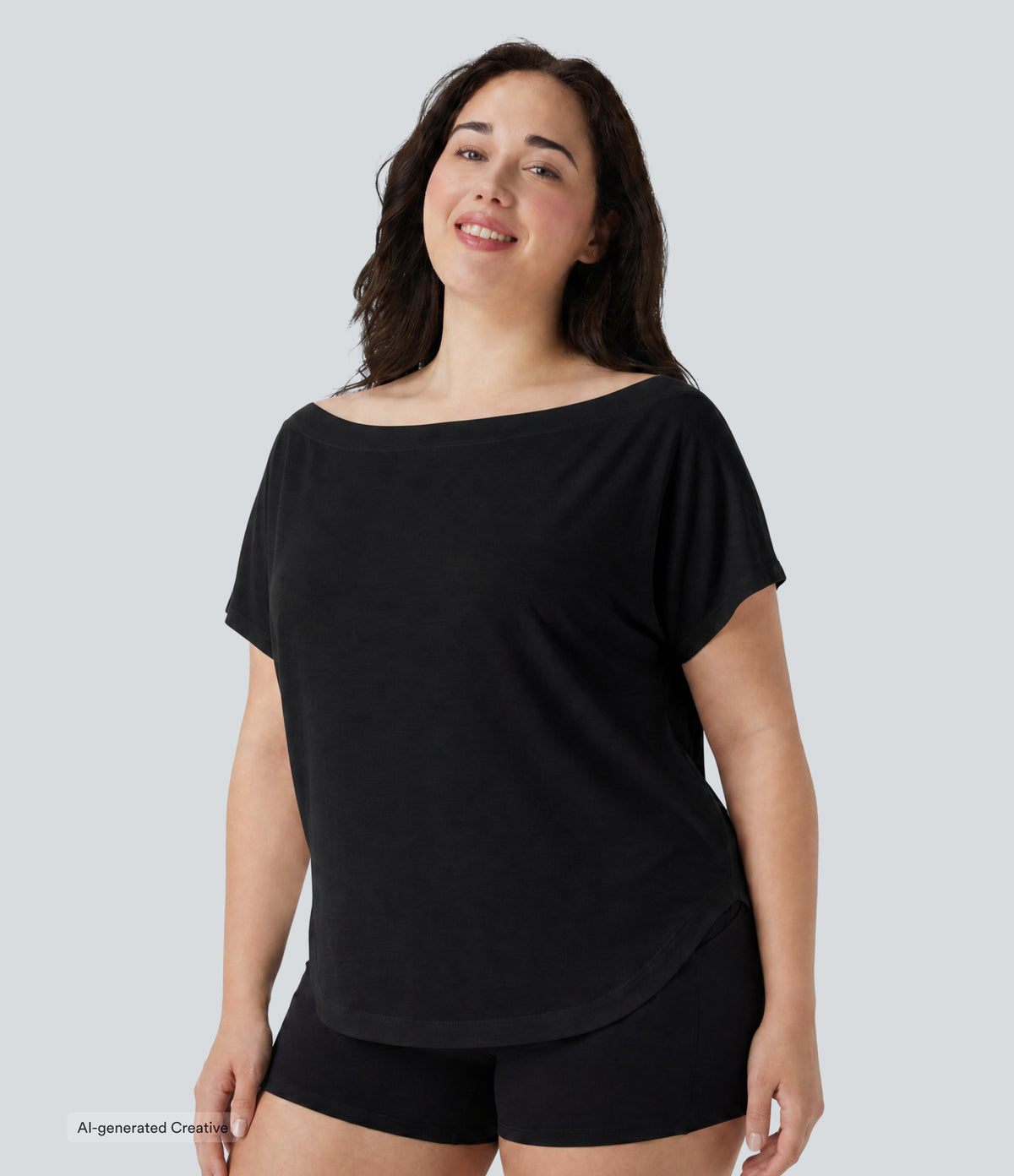 Plus Size One Shoulder Short Sleeve Curved Hem High Low Quick Dry Yoga Sports Top — Black — view 3