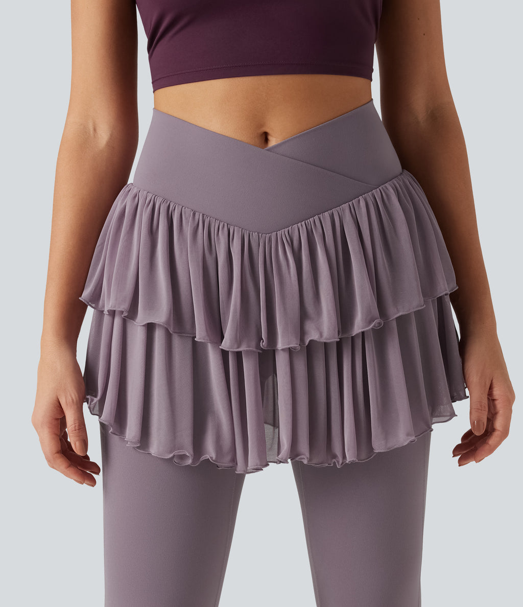 High Waisted Crossover Contrast Mesh Workout Skirted Leggings with Pockets — Cinnabar Purple — view 5