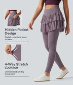 High Waisted Crossover Contrast Mesh Workout Skirted Leggings with Pockets — Cinnabar Purple — view 1