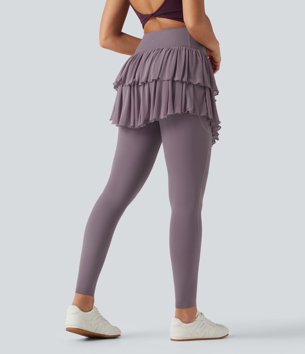 High Waisted Crossover Contrast Mesh Workout Skirted Leggings with Pockets — Cinnabar Purple — view 2