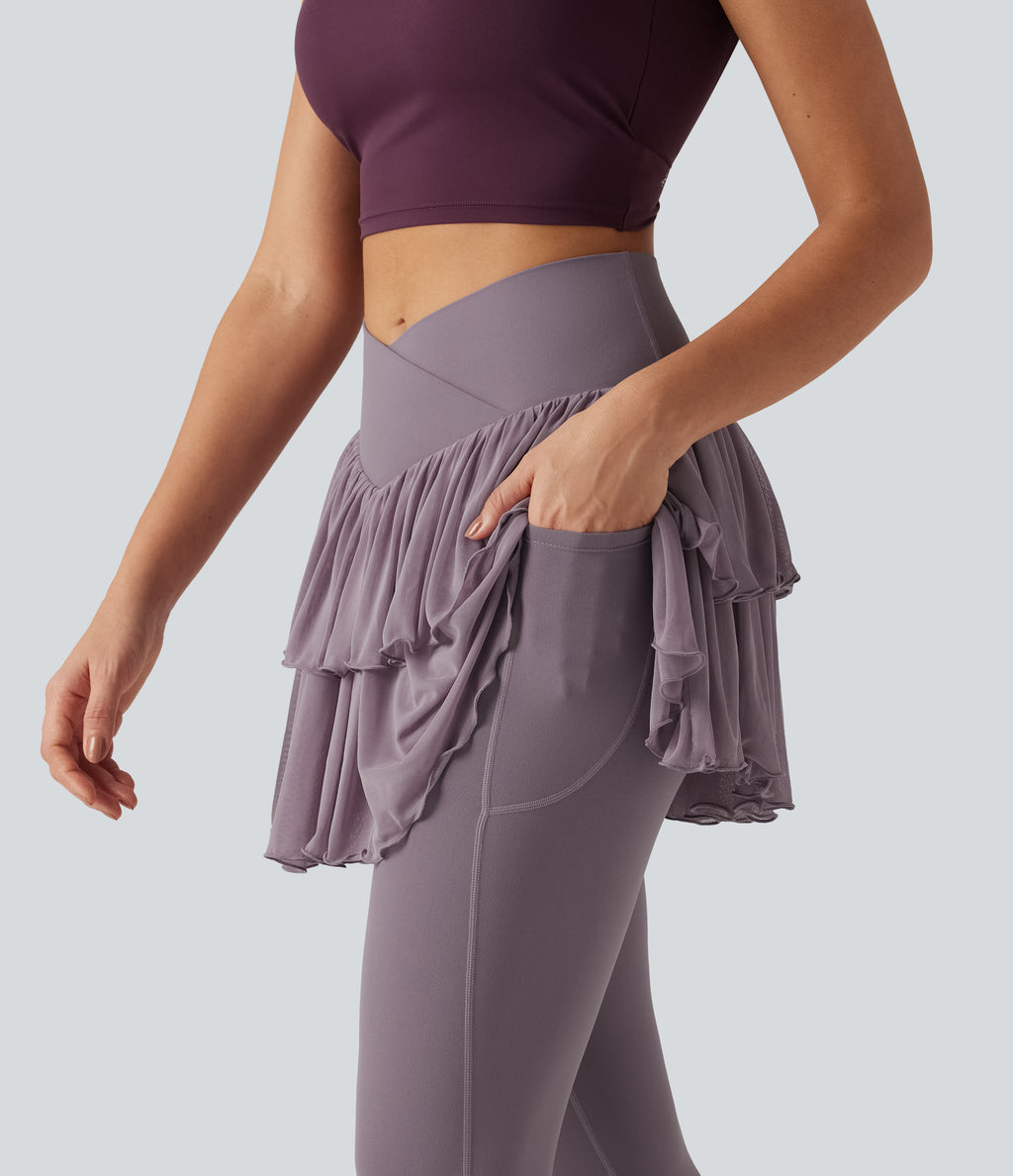 High Waisted Crossover Contrast Mesh Workout Skirted Leggings with Pockets — Cinnabar Purple — view 6