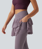 High Waisted Crossover Contrast Mesh Workout Skirted Leggings with Pockets — Cinnabar Purple — view 6