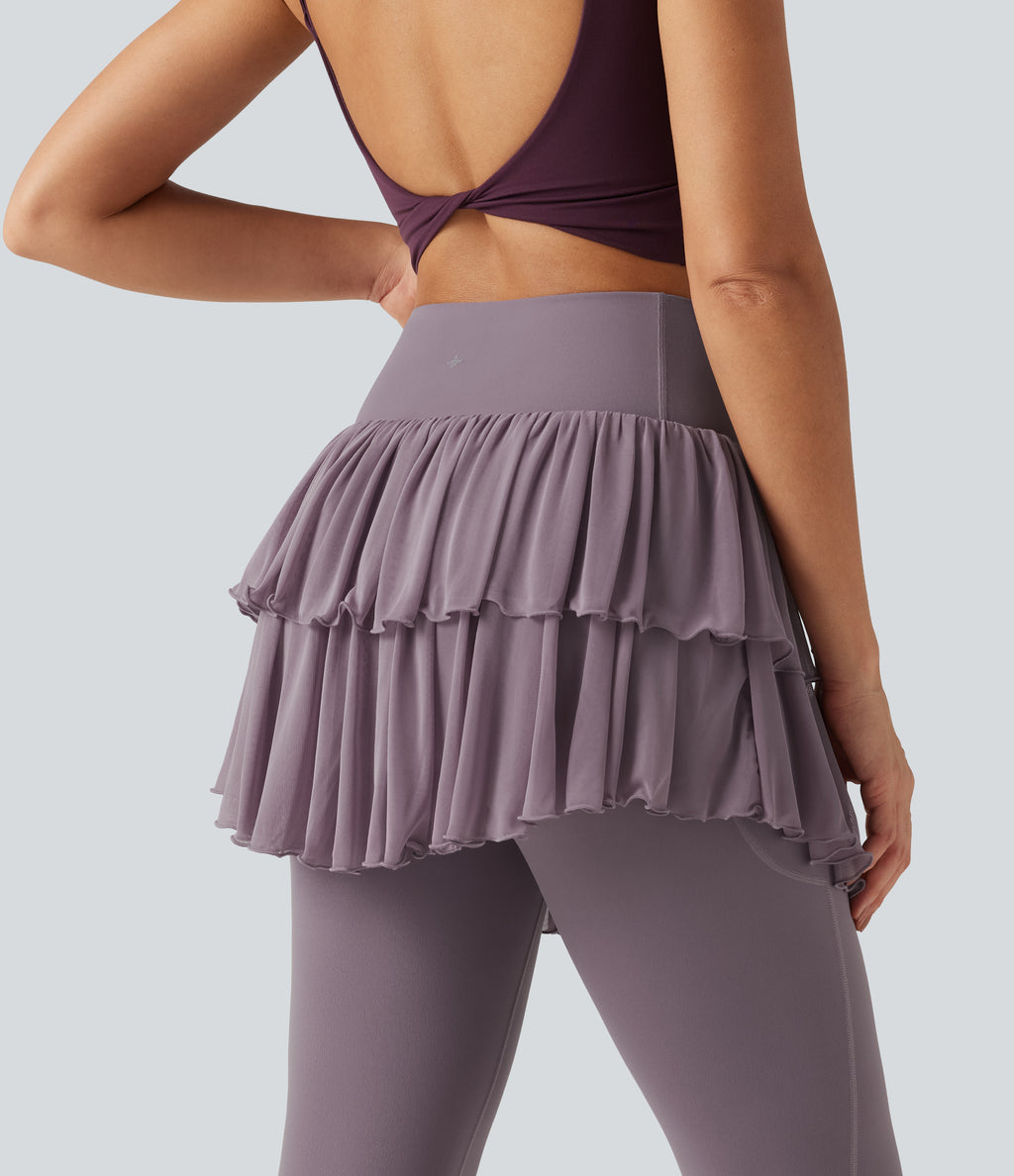 High Waisted Crossover Contrast Mesh Workout Skirted Leggings with Pockets — Cinnabar Purple — view 4