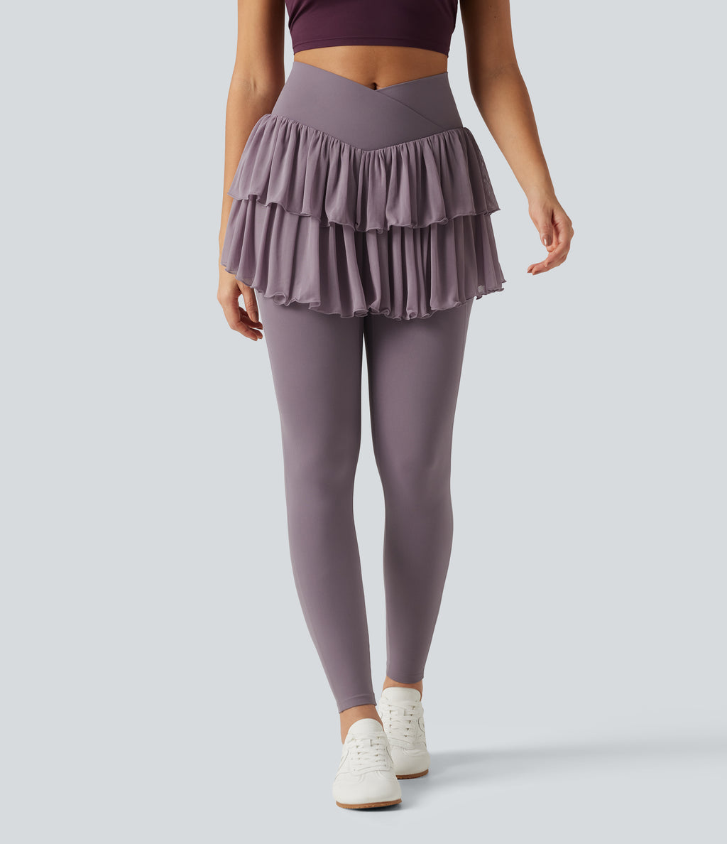 High Waisted Crossover Contrast Mesh Workout Skirted Leggings with Pockets — Cinnabar Purple — view 3