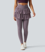 High Waisted Crossover Contrast Mesh Workout Skirted Leggings with Pockets — Cinnabar Purple — view 3