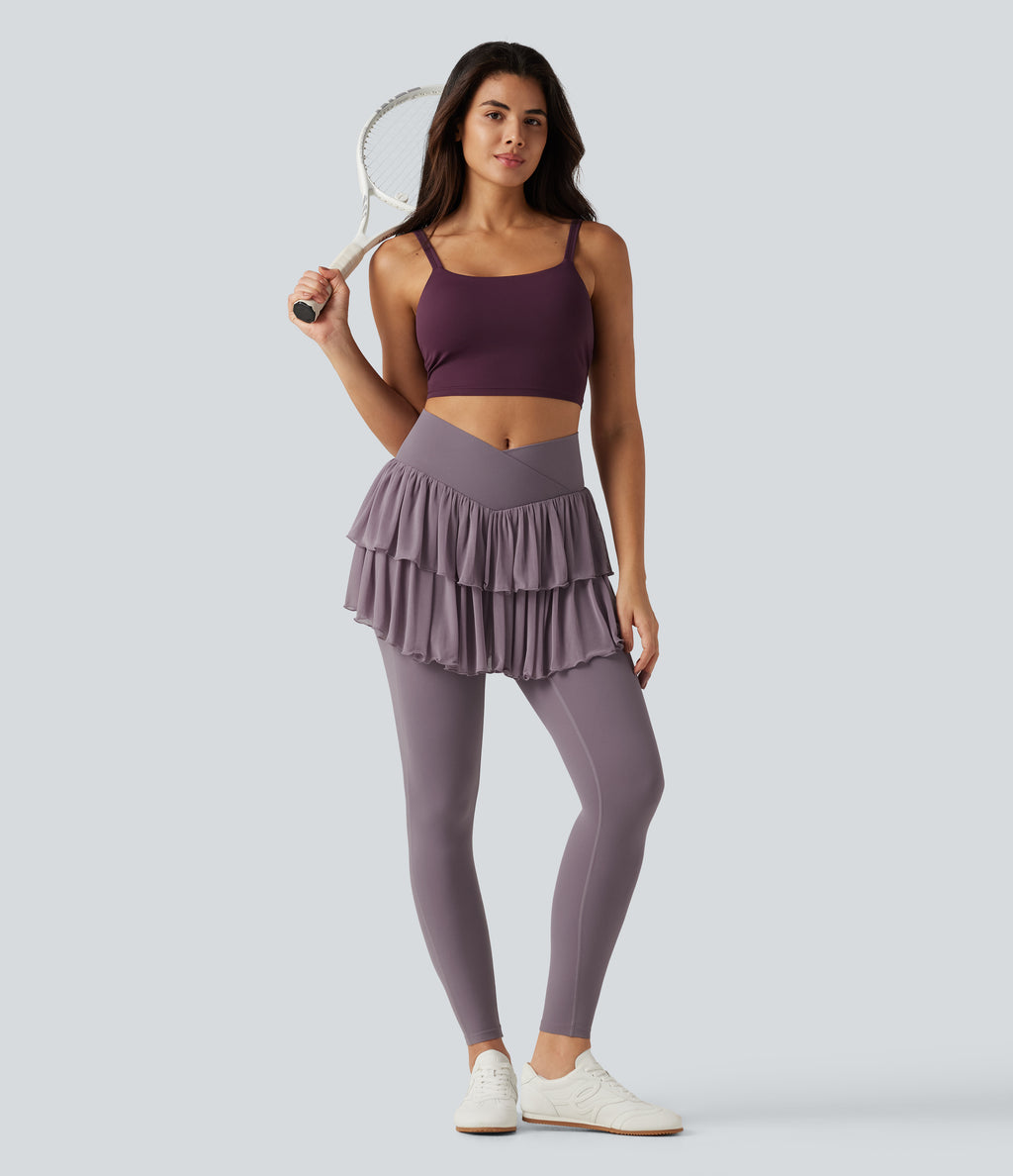 High Waisted Crossover Contrast Mesh Workout Skirted Leggings with Pockets — Cinnabar Purple — view 8