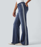 Mid Rise Side Stripe Flare Casual Jeans with Pockets — Mottled Dark Blue Denim — view 1