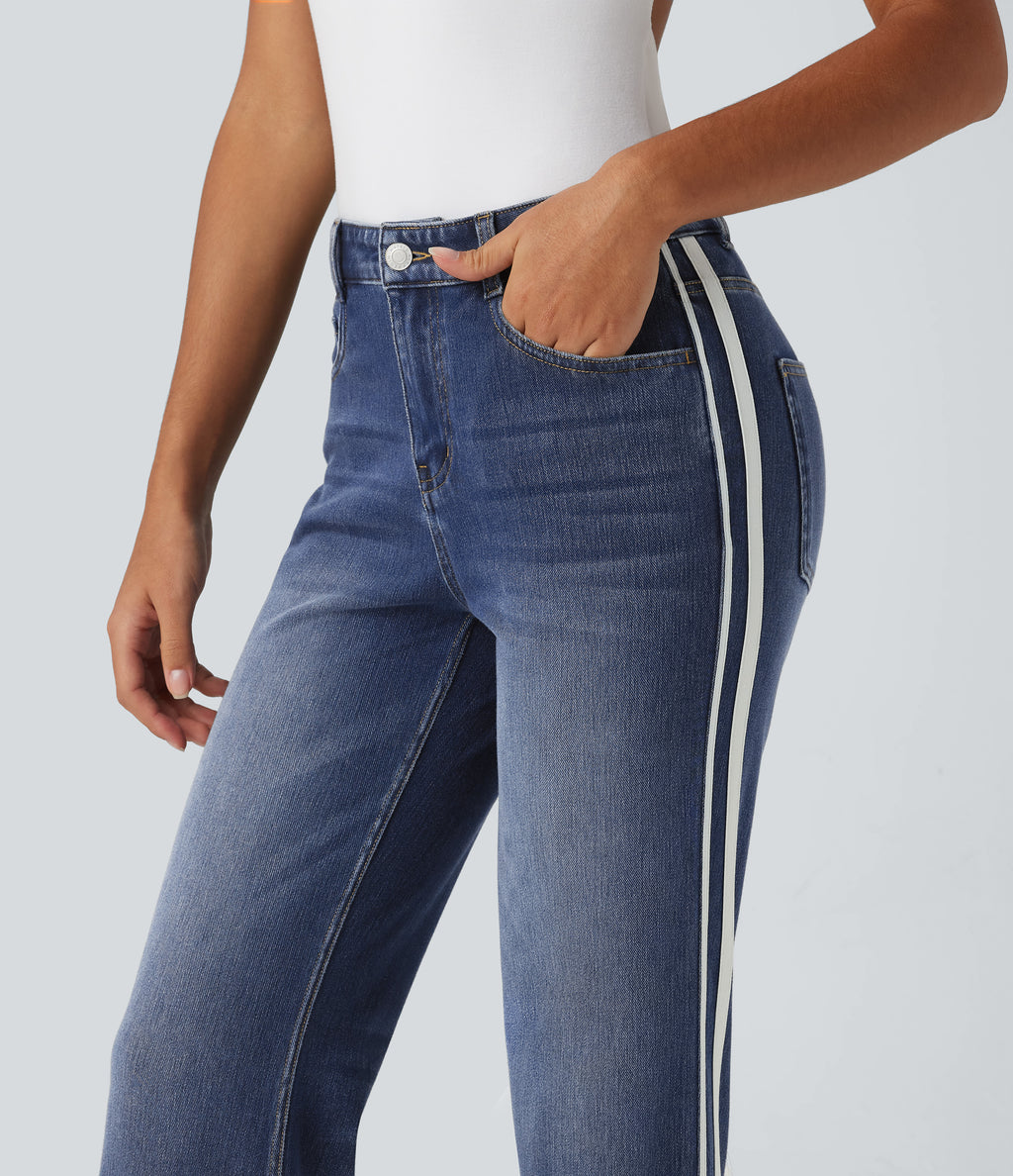 Mid Rise Side Stripe Flare Casual Jeans with Pockets — Mottled Dark Blue Denim — view 4