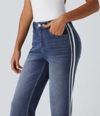Mid Rise Side Stripe Flare Casual Jeans with Pockets — Mottled Dark Blue Denim — view 4