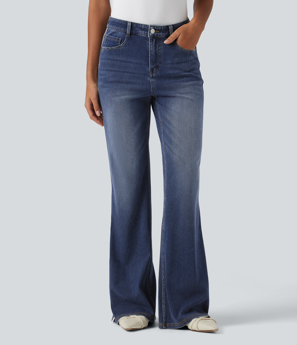 Mid Rise Side Stripe Flare Casual Jeans with Pockets — Mottled Dark Blue Denim — view 3