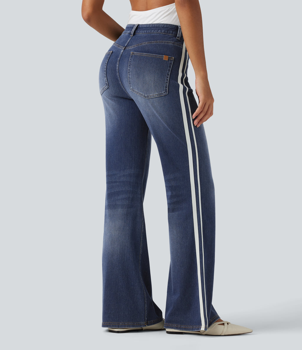 Mid Rise Side Stripe Flare Casual Jeans with Pockets — Mottled Dark Blue Denim — view 2