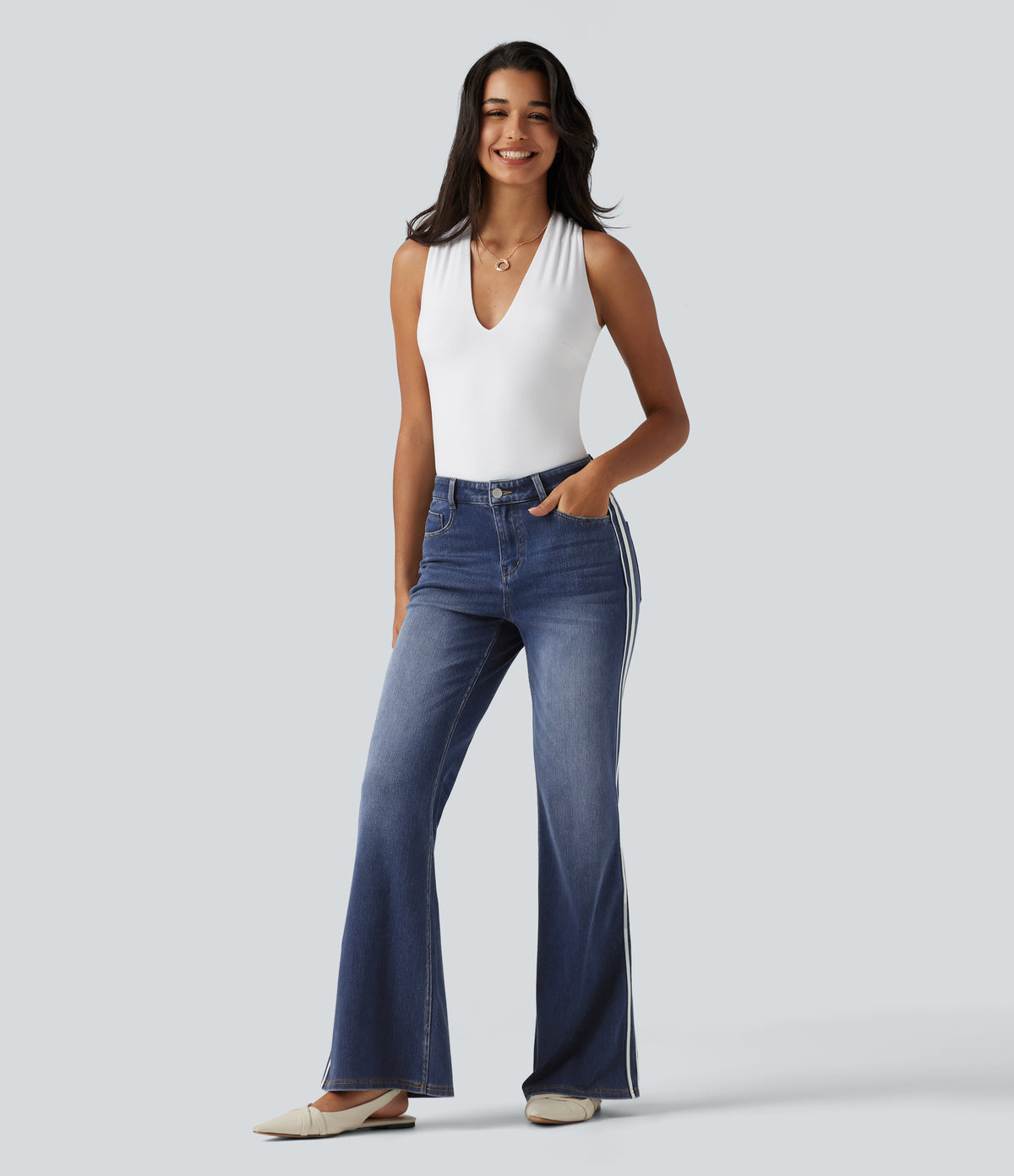 Mid Rise Side Stripe Flare Casual Jeans with Pockets — Mottled Dark Blue Denim — view 7