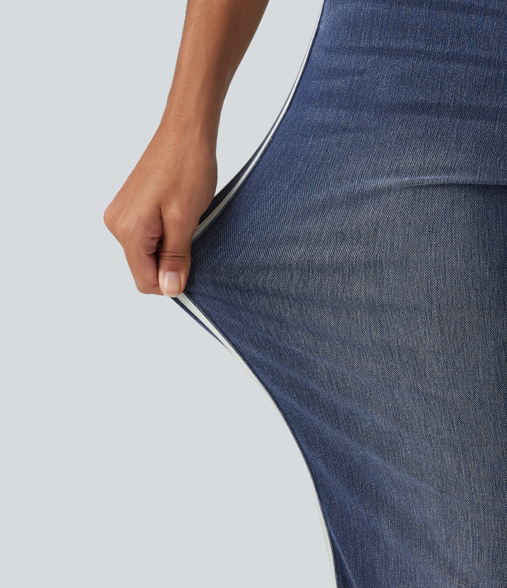 Mid Rise Side Stripe Flare Casual Jeans with Pockets — Mottled Dark Blue Denim — view 6