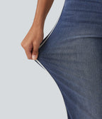 Mid Rise Side Stripe Flare Casual Jeans with Pockets — Mottled Dark Blue Denim — view 6