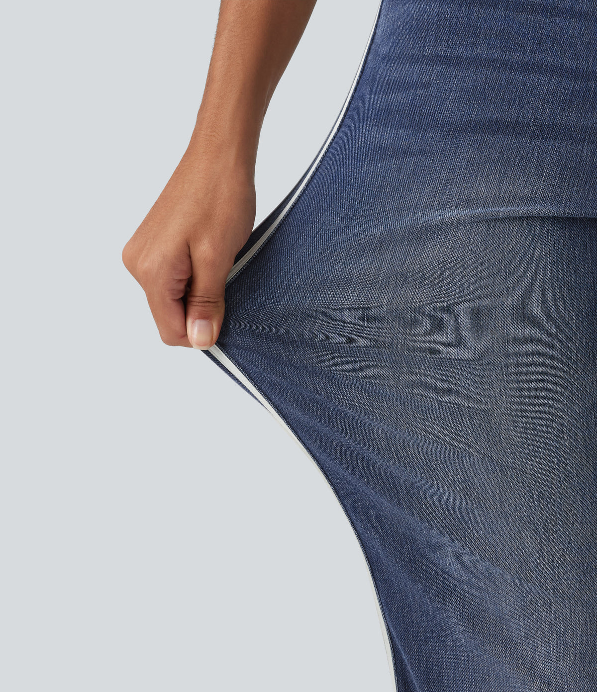 Mid Rise Side Stripe Flare Casual Jeans with Pockets — Mottled Dark Blue Denim — view 6