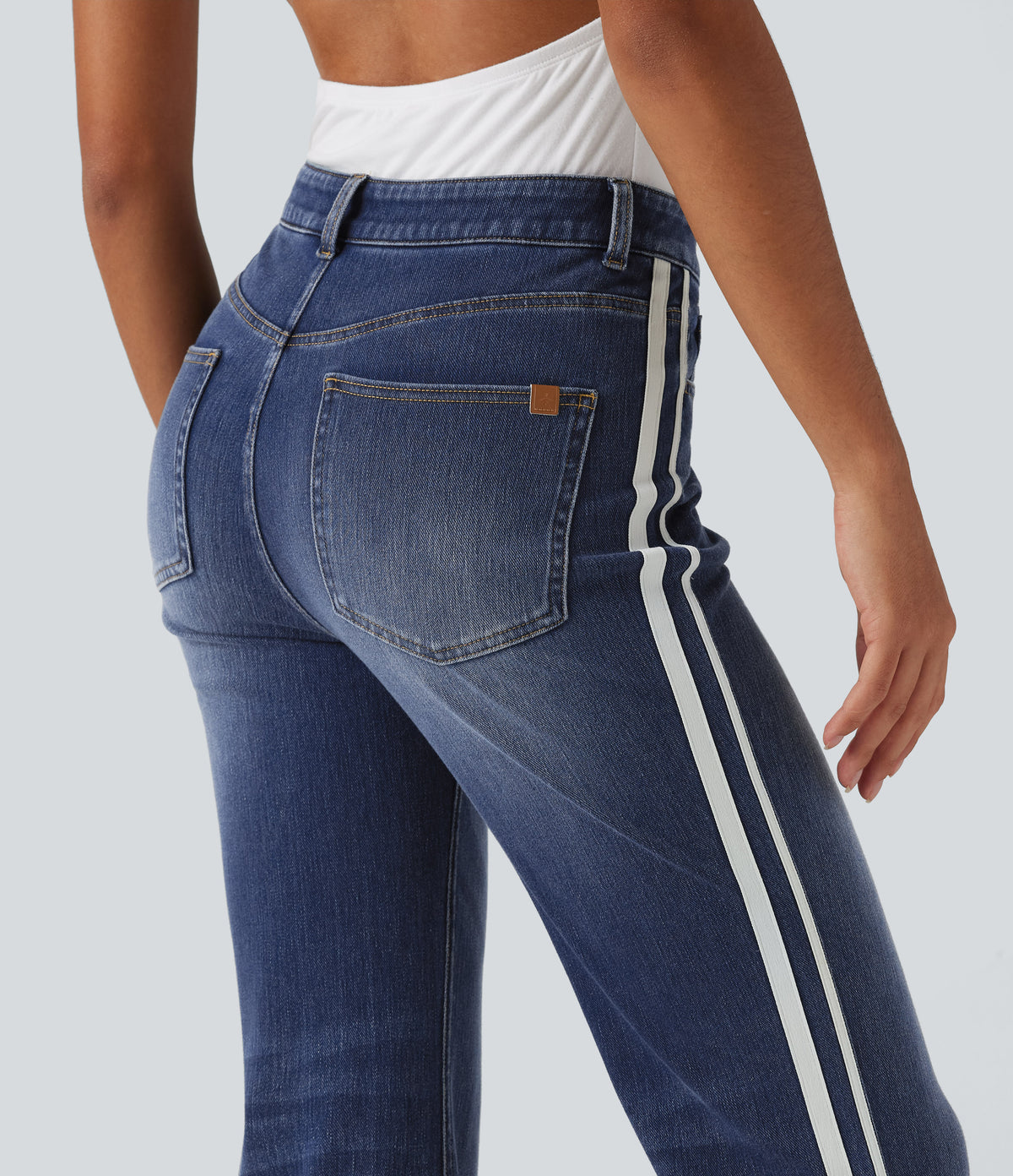 Mid Rise Side Stripe Flare Casual Jeans with Pockets — Mottled Dark Blue Denim — view 5