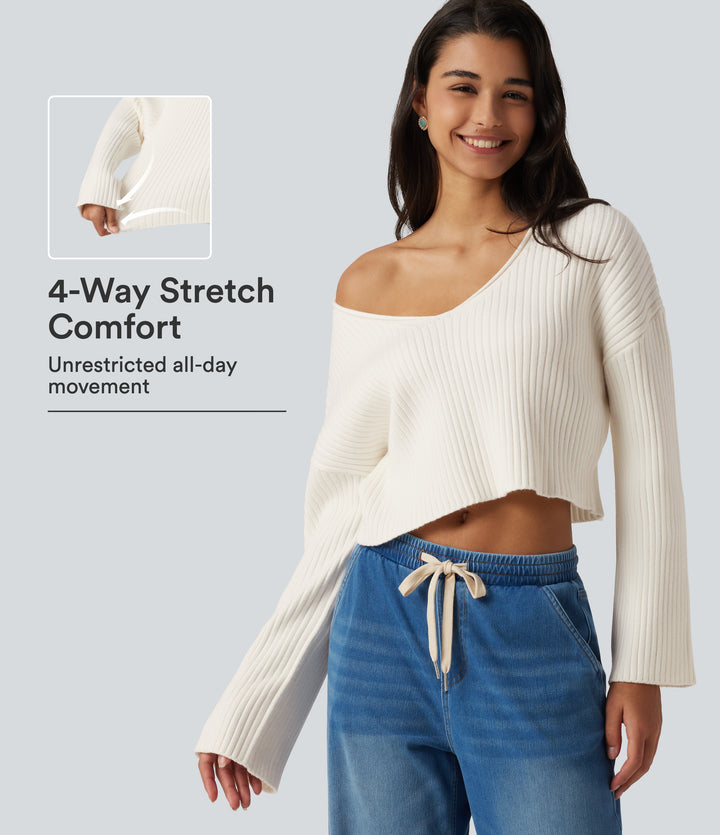 V-Neck Long Sleeve Casual Jumper — Marshmallow — view 1