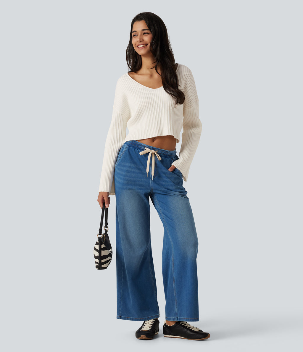 V-Neck Long Sleeve Casual Jumper — Marshmallow — view 6