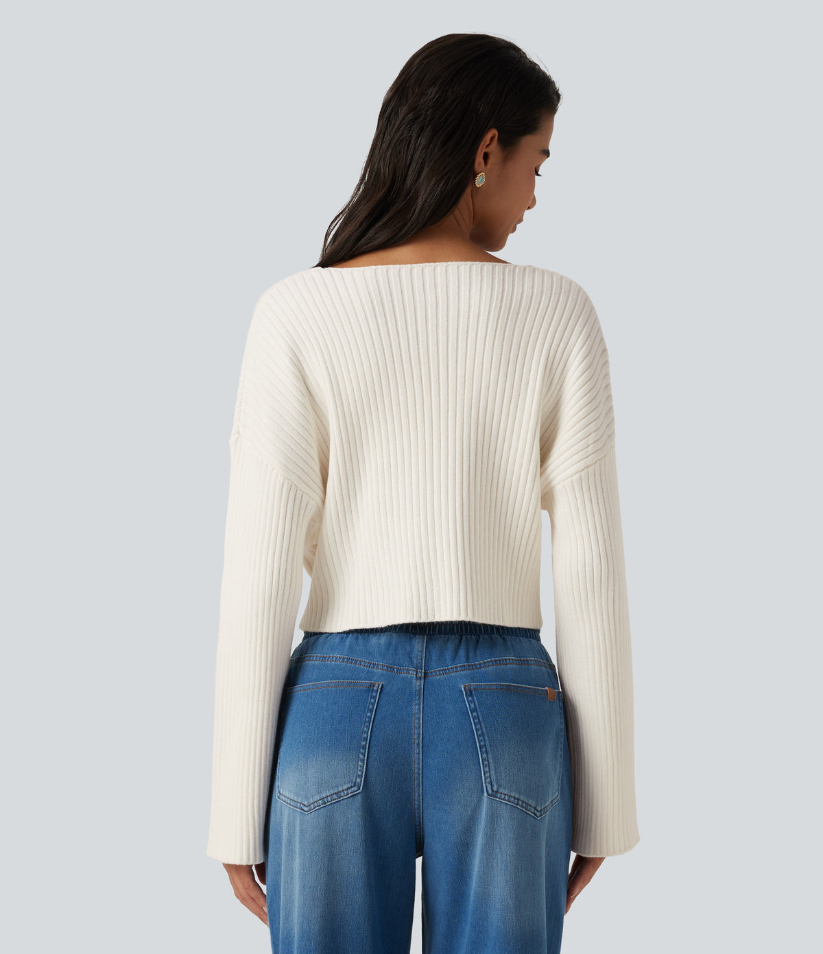 V-Neck Long Sleeve Casual Jumper — Marshmallow — view 2