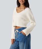 V-Neck Long Sleeve Casual Jumper — Marshmallow — view 4