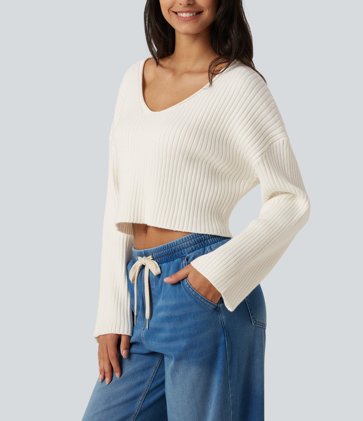 V-Neck Long Sleeve Casual Jumper — Marshmallow — view 4