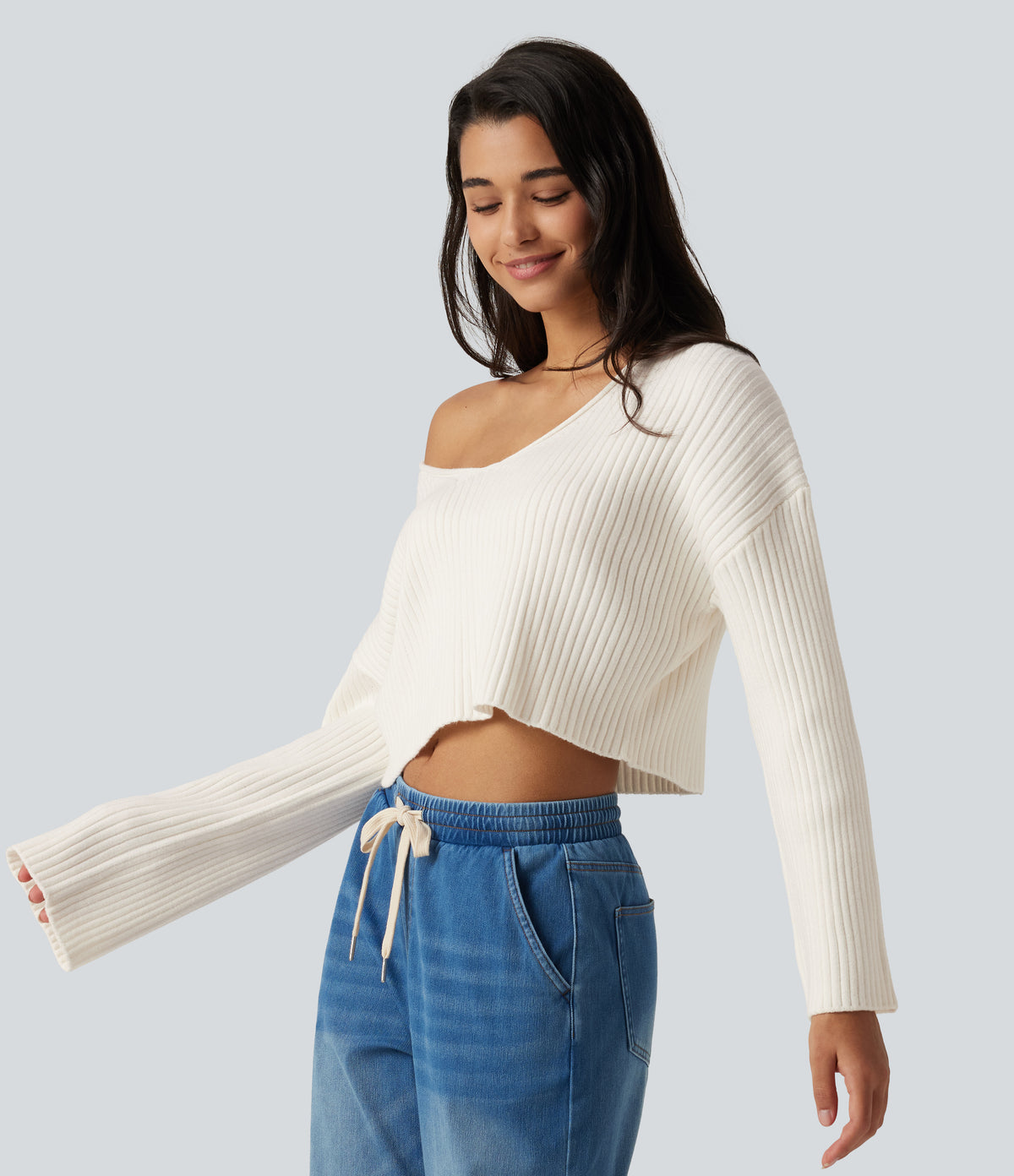 V-Neck Long Sleeve Casual Jumper — Marshmallow — view 3