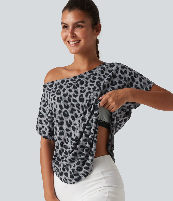 One Shoulder Short Sleeve Leopard Print Built-in Bra Curved Hem High Low Yoga Sports Top — Frost Shadow Leo — view 1