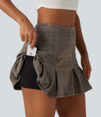 High Waisted 2-in-1 Pleated A Line Houndstooth Plaid Mini Work Skirt with Pockets — Brown Houndstooth Plaid — view 6
