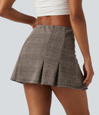 High Waisted 2-in-1 Pleated A Line Houndstooth Plaid Mini Work Skirt with Pockets — Brown Houndstooth Plaid — view 2