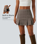 High Waisted 2-in-1 Pleated A Line Houndstooth Plaid Mini Work Skirt with Pockets — Brown Houndstooth Plaid — view 1