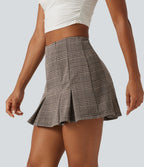 High Waisted 2-in-1 Pleated A Line Houndstooth Plaid Mini Work Skirt with Pockets — Brown Houndstooth Plaid — view 3