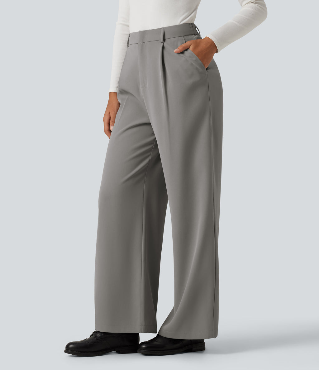 High Waisted Wide Leg Baggy Work Trousers with Pockets — Debonair Gray — view 3