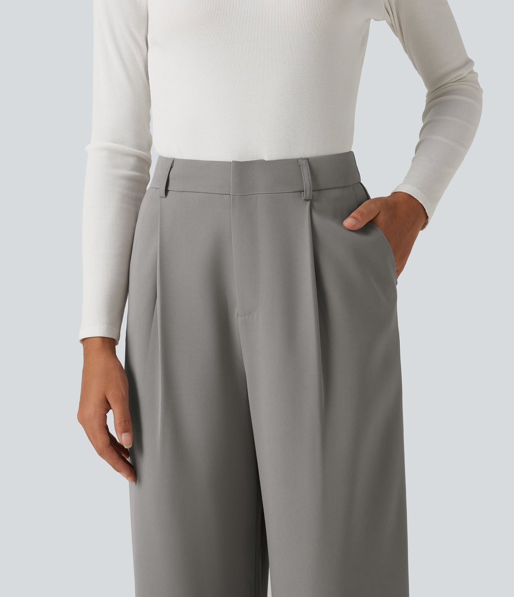 High Waisted Wide Leg Baggy Work Trousers with Pockets — Debonair Gray — view 5