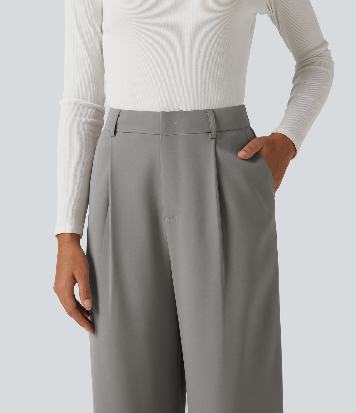 High Waisted Wide Leg Baggy Work Trousers with Pockets — Debonair Gray — view 5