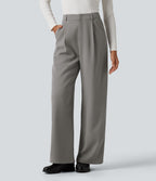 High Waisted Wide Leg Baggy Work Trousers with Pockets — Debonair Gray — view 1