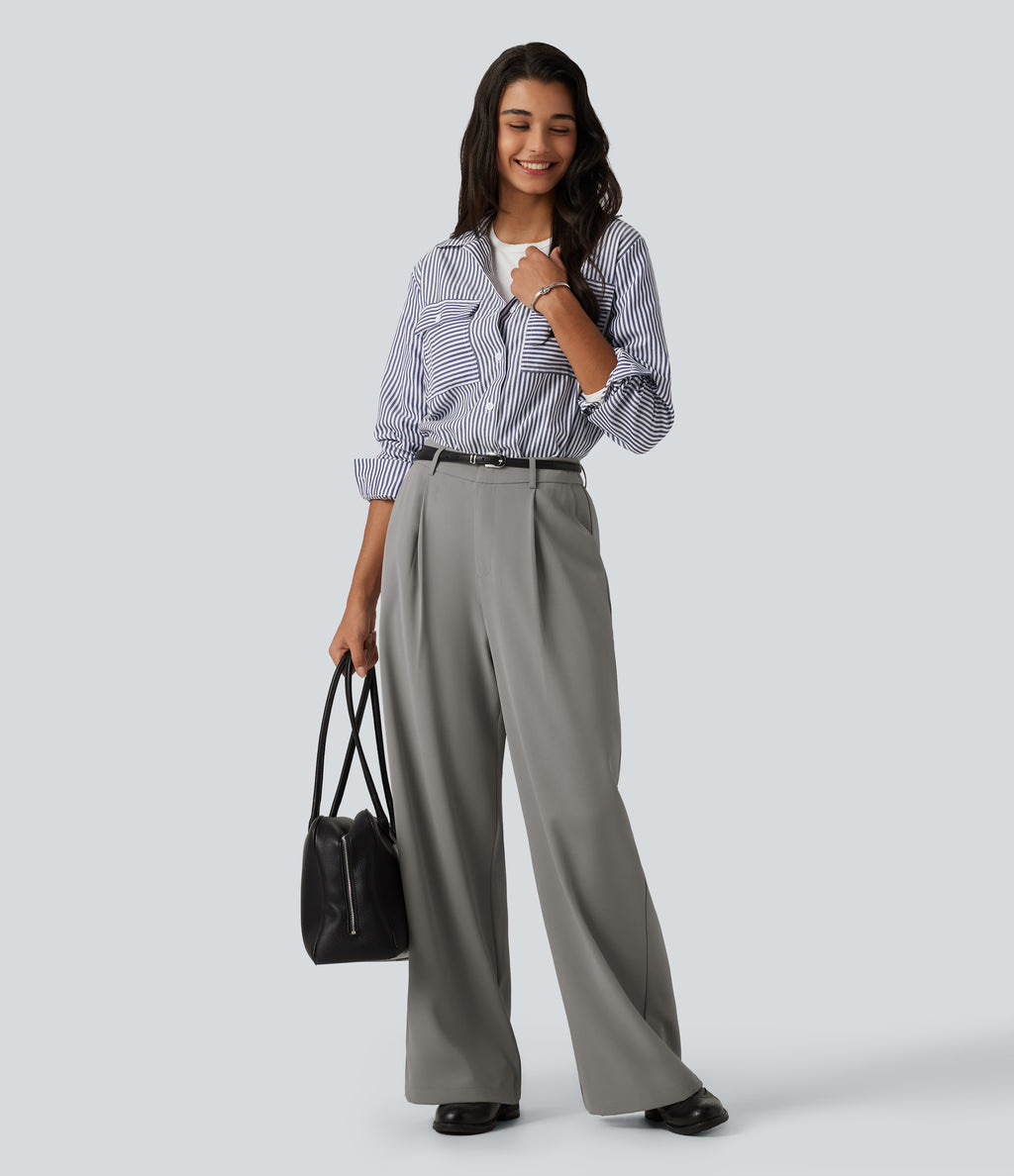 High Waisted Wide Leg Baggy Work Trousers with Pockets — Debonair Gray — view 7