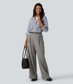 High Waisted Wide Leg Baggy Work Trousers with Pockets — Debonair Gray — view 7